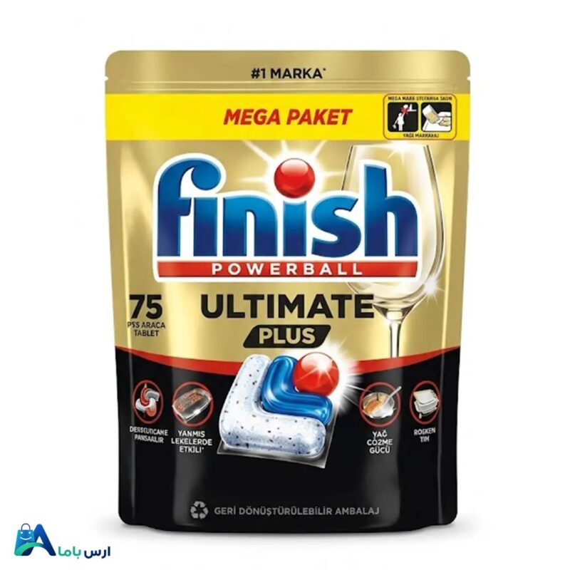 خرید آنلاین قرص ماشین ظرفشویی فینیش مدل Ultimate Plus Hepsi 1 Arada بسته 75 عددی. فرمولاسیون قدرتمند ضد رسوب، حاوی نمک و جلادهنده برای تمیزی و درخشندگی عالی ظروف. ارس باما
