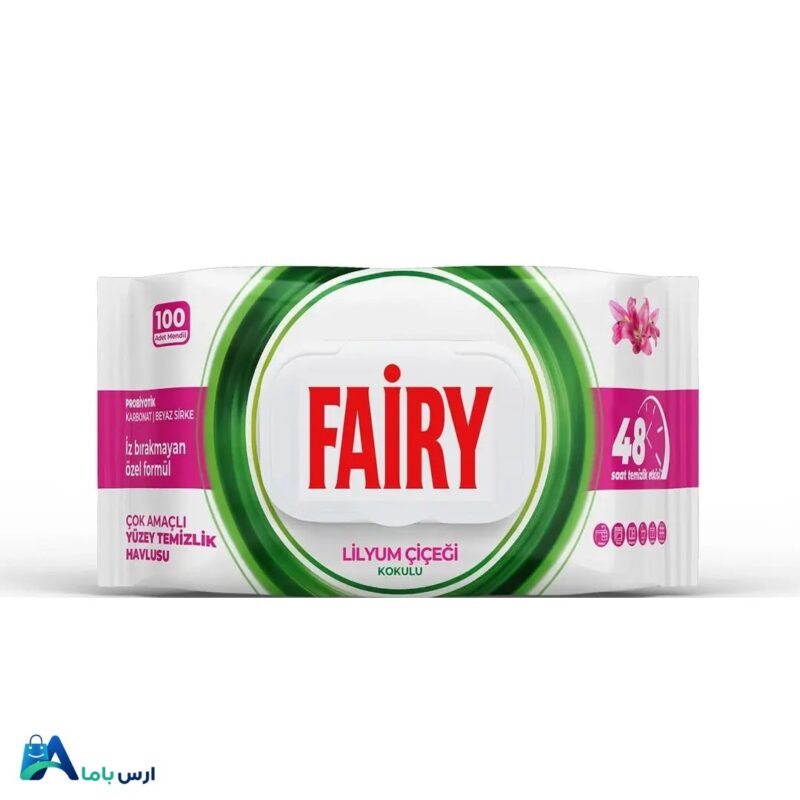 خرید اینترنتی دستمال مرطوب چندمنظوره فیری مدل Power Wipes با رایحه لیلیوم. پاک‌کنندگی سریع سطوح بدون نیاز به آبکشی و فاقد وایتکس. ارس باما