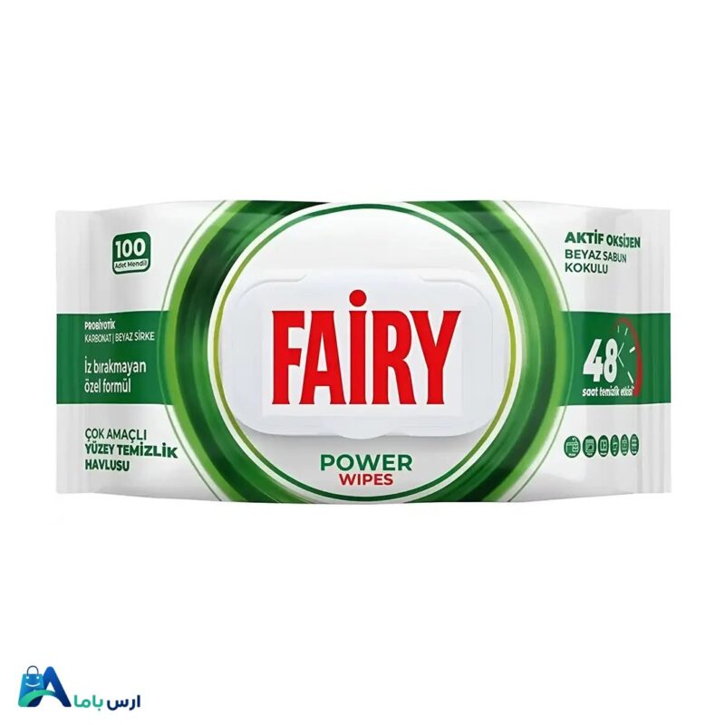 خرید آنلاین دستمال مرطوب چندمنظوره فیری (Fairy) مدل Power Wipes با رایحه صابون سفید. قدرت پاک‌کنندگی بالا با سرکه و کربنات، مناسب سطوح مختلف و بدون بر جای گذاشتن لکه. ارس باما