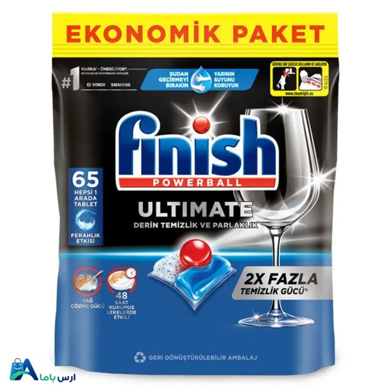خرید قرص ماشین ظرفشویی فینیش التیمیت (Ultimate) بسته 65 عددی با بهترین قیمت. پاک‌کنندگی عمیق ظروف، محافظت از کریستال و افزایش طول عمر ظرفشویی با فرمولاسیون قدرتمند فینیش. ارس باما