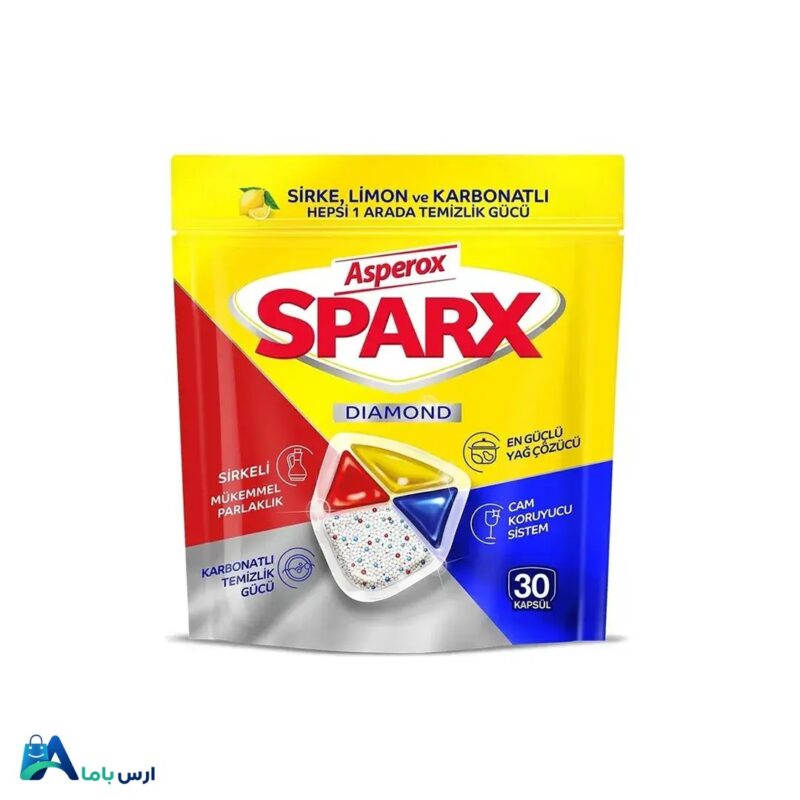 خرید اینترنتی قرص ماشین ظرفشویی آسپروکس مدل Sparx Diamond بسته 30 عددی. قدرت چربی‌زدایی فوق‌العاده، درخشش بی‌نظیر ظروف و محافظت از ظروف شیشه‌ای با قیمت مناسب. ارس باما
