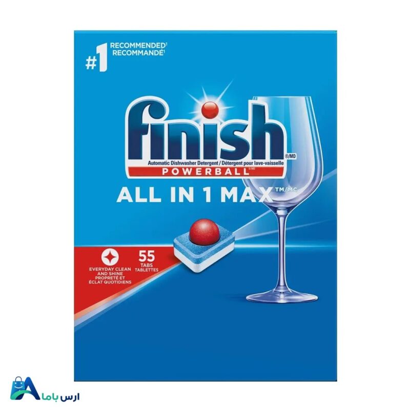خرید اینترنتی قرص ماشین ظرفشویی فینیش مدل All In One Max بسته 55 عددی با بهترین قیمت. تمیزکنندگی 14 برابری، چربی‌زدایی قوی و حاوی نمک و جلادهنده برای محافظت از ظروف. ارس باما