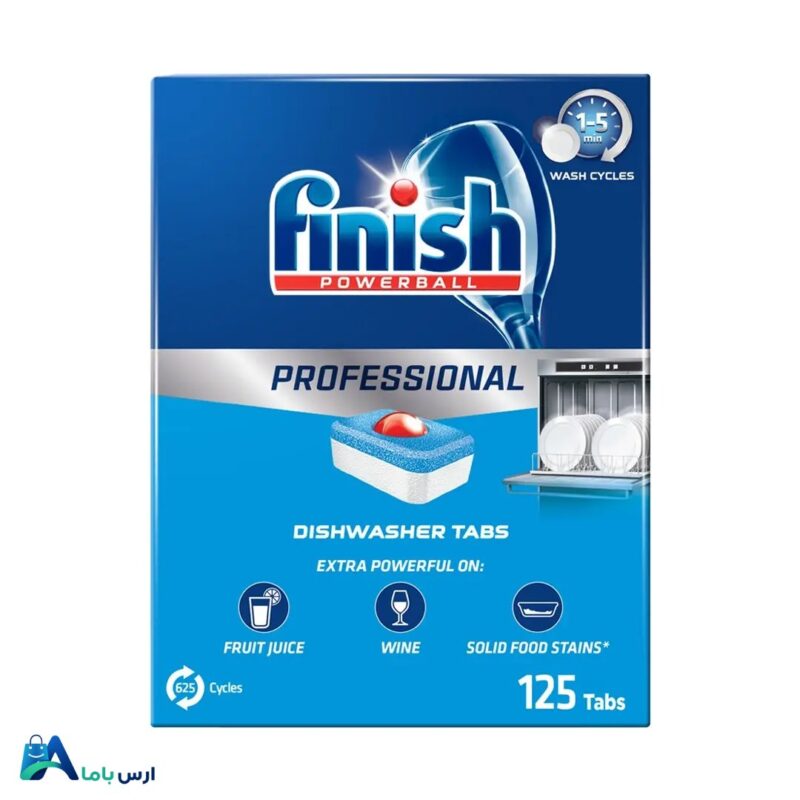 خرید قرص ماشین ظرفشویی فینیش مدل Professional بسته 125 عددی با بهترین قیمت. قدرت تمیزی بالا، چربی‌زدایی قوی و حاوی نمک و جلا دهنده. مناسب انواع ماشین ظرفشویی. ارس باما