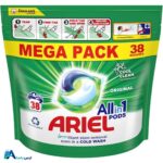 خرید قرص ماشین لباسشویی آریل مدل All in 1 Pods بسته 38 عددی با تضمین اصالت. قدرت لکه‌زدایی بالا و مناسب برای لباس‌های رنگی. مشاهده قیمت و ویژگی‌های فنی. ارس باما
