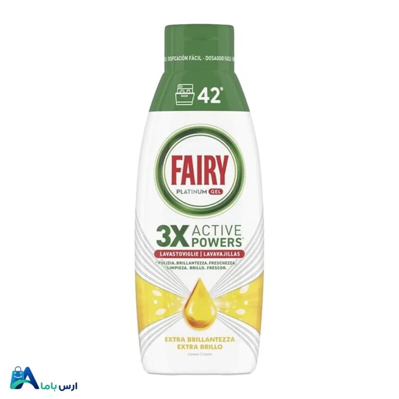 خرید ژل ماشین ظرفشویی فیری مدل Platinum 3x با حجم 1000 میل. این محصول با قدرت چربی‌زدایی بالا و رایحه لیمو، انتخابی عالی برای شست‌وشوی سریع و درخشان ظروف است. ارس باما