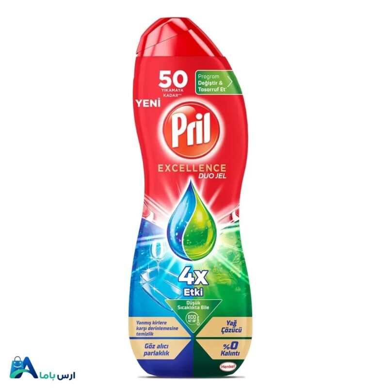 خرید ژل ماشین ظرفشویی پریل Excellence Duo حجم 900 میلی‌لیتر با قدرت چربی‌زدایی بالا. مناسب برای 50 بار شستشو، بدون فسفات و محافظ ظروف شیشه‌ای. بهترین قیمت در آراس‌باما. ارس باما